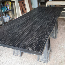 Charleston Table - Rustic black finish table top with grey nail holes and line textures