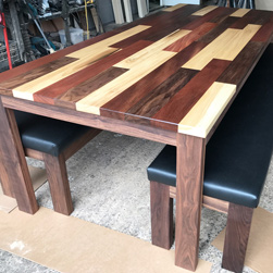 Havana Table - Custom upholstered walnut benches with Havana table top and walnut base