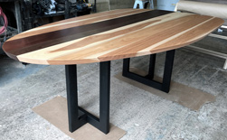 Murphy Table - Hickory, walnut, mahogany wood table top with unique asymmetrical shape on black base