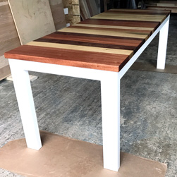 Pierson Table - Tabletop with stripes of walnut, poplar and mahogany on white base