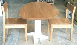 Buford Table - Asymmetrical cherry table top on white pedestal base and matching chairs