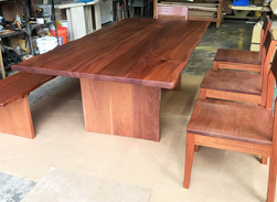 Bandera Table - Mahogany table set with matching chairs and bench and optional live edge cut