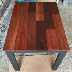 Robinson Table - Mahogany wood floor pattern table top on black base