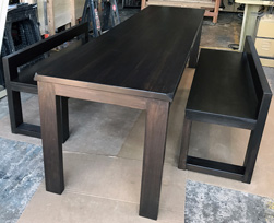 Bronx Table - Black walnut finish table set with bevel cut corners and custom benches