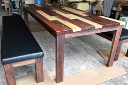 Havana Table - Custom upholstered walnut benches with Havana table top and walnut base