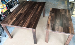 Liberty Table - Wood floor pattern walnut table top on custom height walnut base