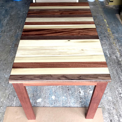 Pierson Table - Tabletop with random stripes of walnut, poplar, mahogany on mahogany base