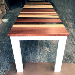 Pierson Table - Tabletop with stripes of walnut, poplar and mahogany on white base