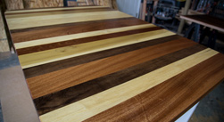 Pierson Table - Mix of walnut, poplar, mahogany table top and optional round corners on white base
