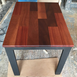 Robinson Table - Mahogany wood floor pattern table top on black base