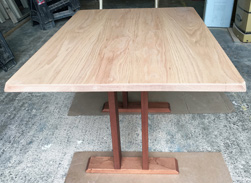 Aurora Table - Red oak table top with bevel corners on mahogany trestle base