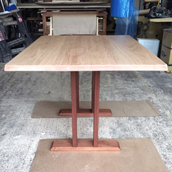 Aurora Table - Red oak table top with bevel corners on mahogany trestle base