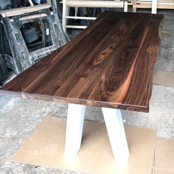 Garland Table - Walnut table top with live edge cut on custom 4x4 V base in white finish