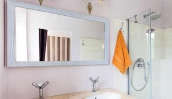 Custom mirror for beach house with rustic white frame