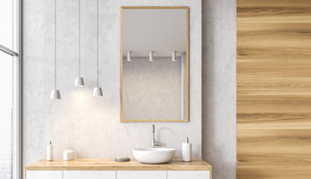 Bathroom mirror with raw unfinished wood frame