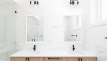 Mirrors with white frames for double sink bathroom