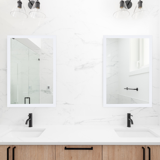 White framed mirrors for double sink bathroom