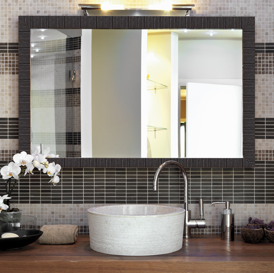 Black frame bathroom mirror with stripe patterns