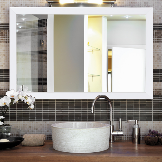 White framed custom size mirror in bathroom