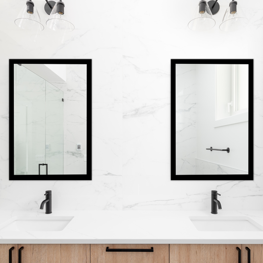 Pair of two bathroom mirrors with black frames
